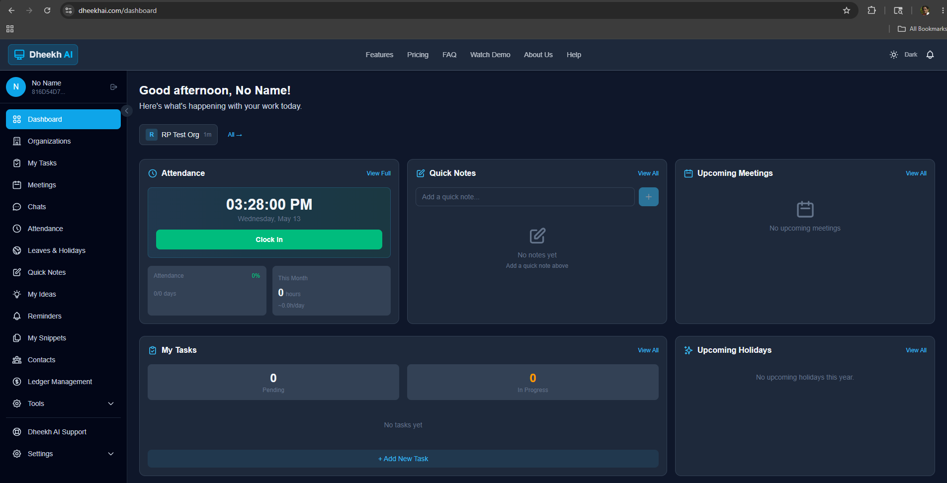 Dheekh AI workspace dashboard with attendance, tasks, meetings and quick notes