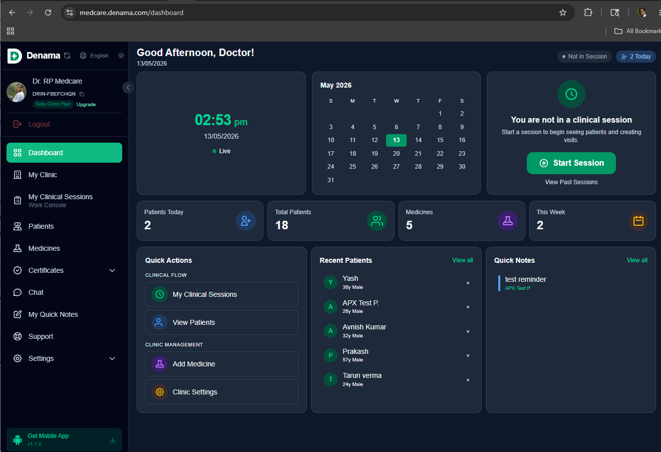 MedCare clinical dashboard with appointments, patient counts and quick actions