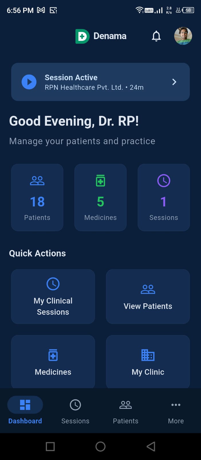 MedCare mobile app dashboard — sessions, patient counts, medicines and quick actions